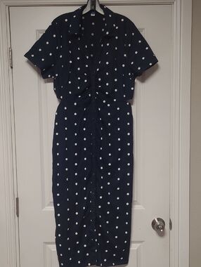 Polka Dot Navy Midi Side Cutout Dress - Classic Women’s Dress